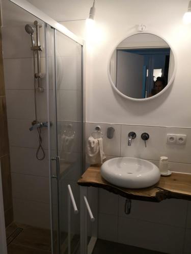 La salle de bains est pourvue d'un lavabo et d'une douche avec un miroir. dans l'établissement Loftowe mieszaknie w okolicach jezior i lasu., à Osowiec Śląski