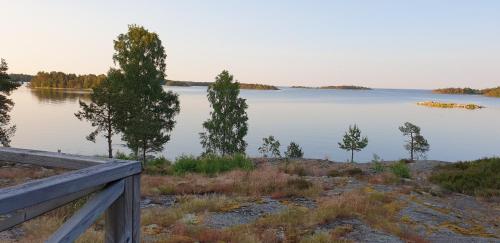 a view of a lake with trees in the water at Rolfskärrs Stugby in Nygård