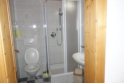 a bathroom with a shower and a toilet and a sink at Ferienhaus Inge in Sankt Leonhard im Pitztal