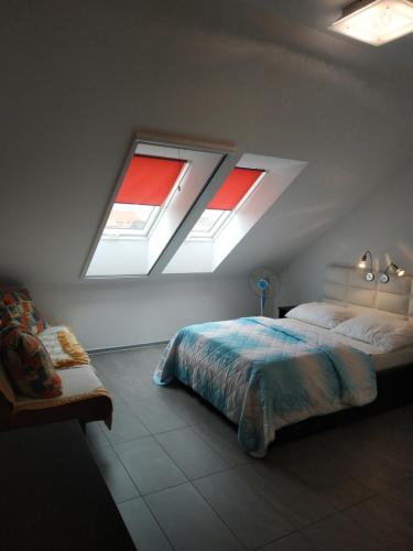 クリニツァ・モルスカにあるLaguna Bałtyckaのベッドルーム1室(天窓2つ、ベッド1台、ソファ付)
