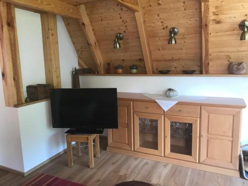 a living room with a tv in a cabin at Matilda I-die außergewöhnliche Finnhütte in Ahrensberg
