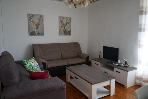 a living room with a couch and a tv at Apartamento «El Balcón de la Calle Mayor» in Jaca