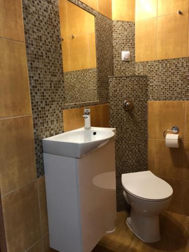 オクニンカにあるPrywatne pokoje hotelowe Okuninkaのバスルーム(白いトイレ、シンク付)