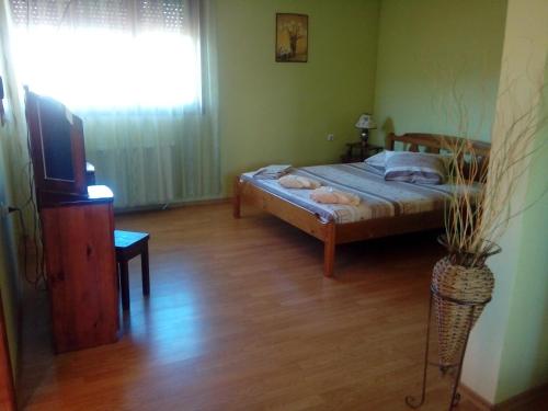 a bedroom with a bed and a television and a window at Guest House Ambrozia in Kotel