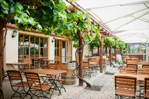 eine leere Terrasse mit Tischen, Stühlen und Bäumen in der Unterkunft JUFA Hotel Tieschen in Tieschen