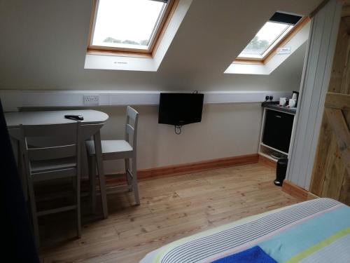 a room with a bed and a desk and a tv at McHugh's Loft in Rathmullan
