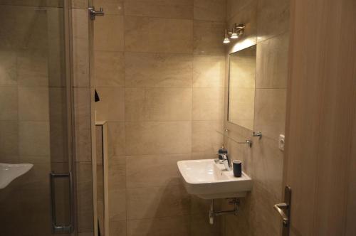 a bathroom with a sink and a shower with a mirror at Atrium Apartments in Brno