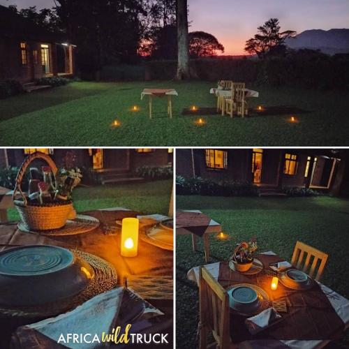two pictures of a backyard with a table and a patio at AfricaWildTruck Eco Camp & Lodge in Mulanje
