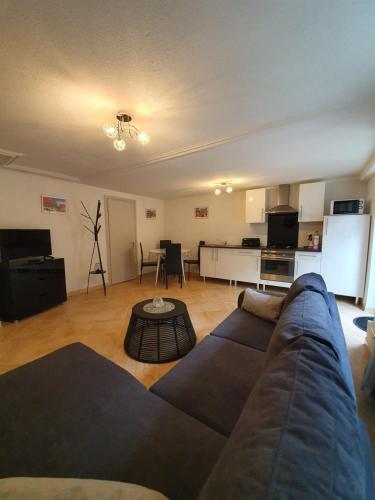 a living room with a couch and a kitchen at Les Jardins de Lo're'an in Holtzwihr