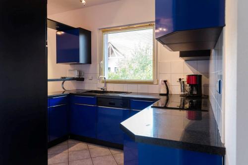 a blue kitchen with a sink and a window at Les Jardins de Lo're'an in Holtzwihr