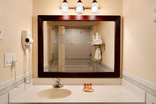 a bathroom with a sink and a large mirror at Days Inn by Wyndham Nanuet / Spring Valley in Nanuet