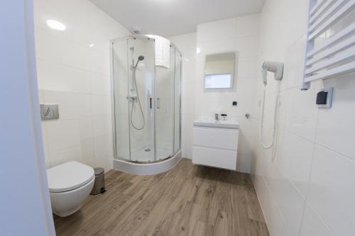 アウグストゥフにあるApartment & Room MARINA BORKI - Pokojeのシャワーとトイレ付きの白いバスルーム