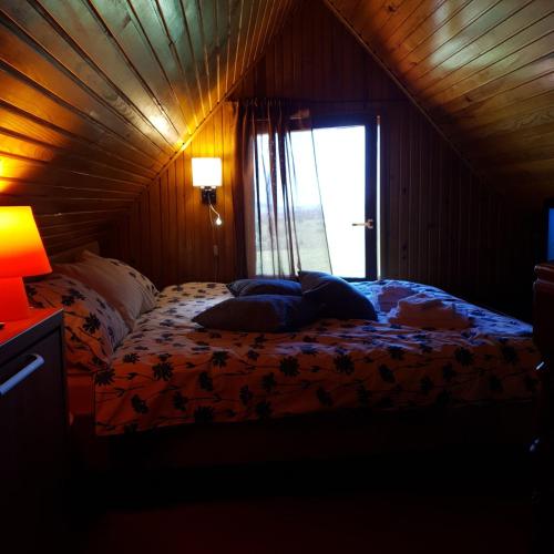 a bedroom with a bed in a room with a window at Planinska kuća sa dvorištem in Zlatibor