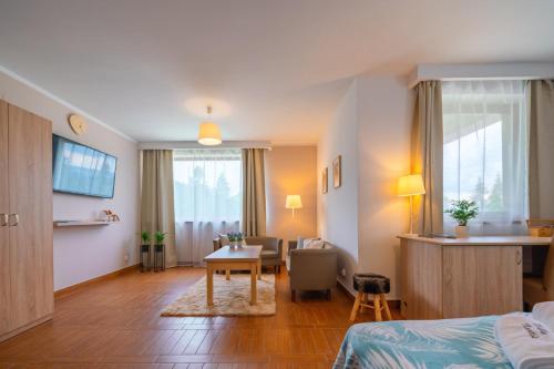 Habitación de hotel con cama y sala de estar. en Willa Montis en Krynica Zdrój