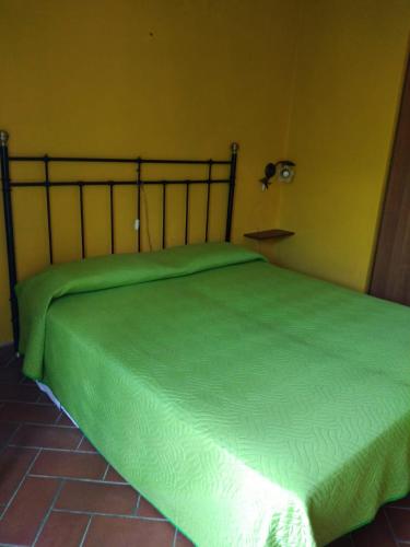 a green bed in a room with a yellow wall at Appartamento Margherita in Montale
