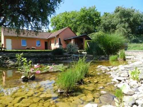 a house with a pond in front of a garden at Penzion Lukov in Lukov