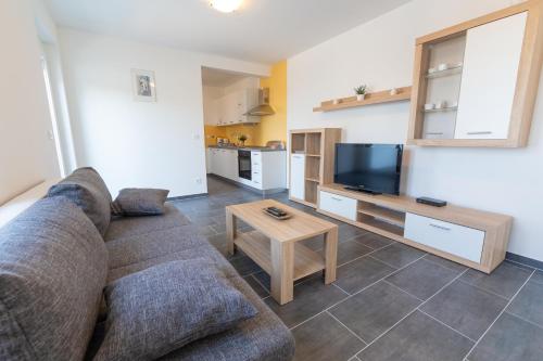 a living room with a couch and a flat screen tv at Apartments Luka in Senj
