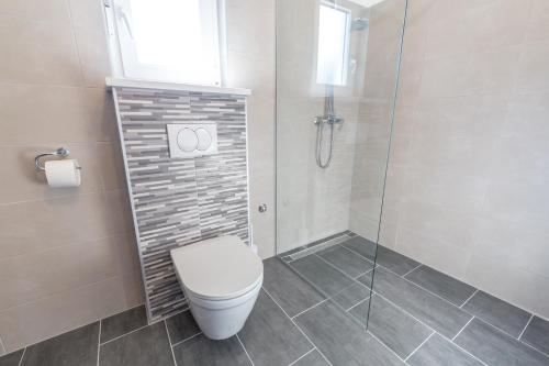 a bathroom with a toilet and a glass shower at Apartments Luka in Senj