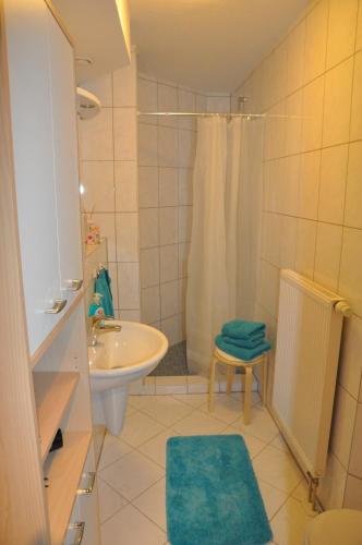 a bathroom with a sink and a toilet and a shower at Ferienwohnung Naurod in Wiesbaden