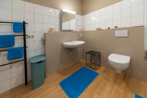 a bathroom with a sink and a toilet at Edelburg 3 - Ferienwohnung in Hemer