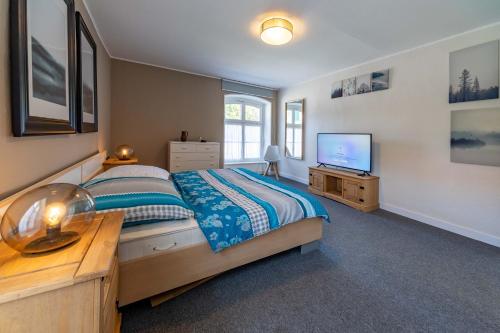 a bedroom with a large bed and a television at Edelburg 3 - Ferienwohnung in Hemer