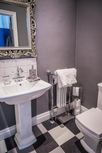 a bathroom with a sink and a toilet and a mirror at Shibden Hall View in Halifax