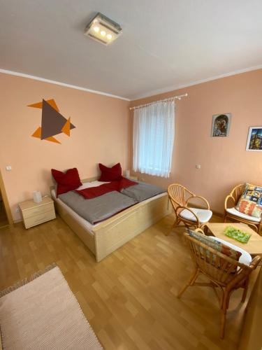 a bedroom with a bed with red pillows at DIREKT AM SKIHANG! Müller Ferienwohnungen in Kurort Oberwiesenthal