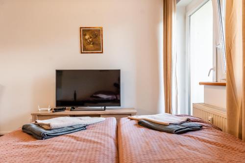a bedroom with two beds and a tv on the wall at Apartmány Summit in Bešeňová