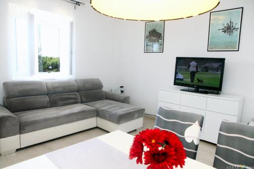 een woonkamer met een bank en een televisie bij Pure nature coastal apartment VLASTA in Ankaran