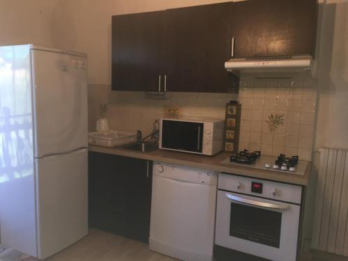 cocina con nevera blanca y microondas en Appartement au cœur du parc national des Cévennes, en L'Espérou