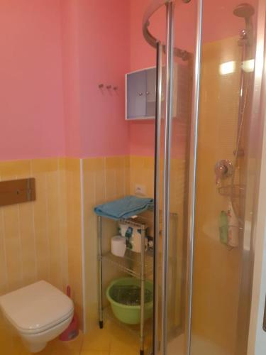 a bathroom with a toilet and a shower at RICCIO BLU pochi passi dal mare in Alba Adriatica