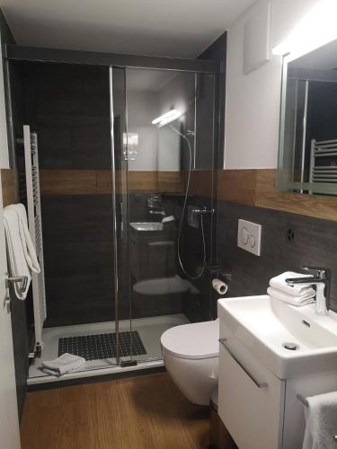 a bathroom with a shower and a toilet and a sink at Gasthof zur Bündte in Jenins