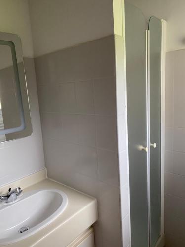 un bagno bianco con lavandino e doccia di Chalet de montagne au pied des pistes station Val Louron a Val-Louron