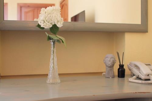 a glass vase with white flowers on a counter at Sunflower B&B in Kyiv