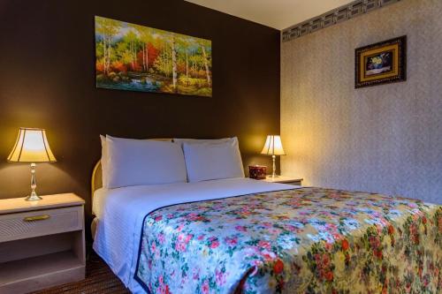 皇后區的住宿－法拉盛中央酒店，一间卧室配有一张床和两个带灯的床头柜