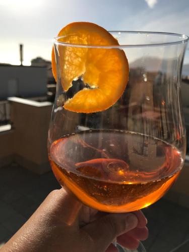 a hand holding a wine glass with an orange in it at B&B Su Canistreddu in Alghero