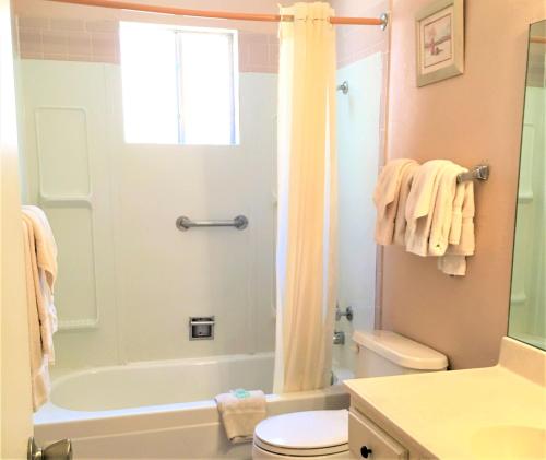 y baño con bañera, aseo y ducha. en Pinecliff Village Resort, en Ruidoso
