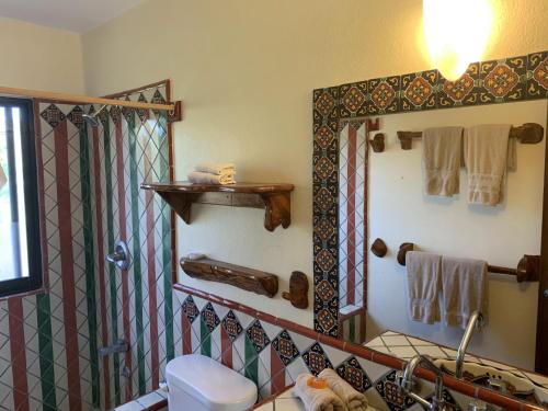a bathroom with a shower and a toilet and a sink at Hotel Casamar Suites in Puerto Escondido