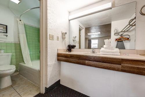 a bathroom with a sink and a toilet and a mirror at Guest Inn Rogers in Rogers