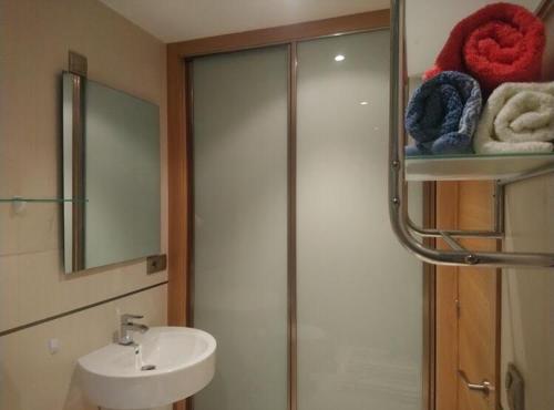 La salle de bains est pourvue d'une douche, d'un lavabo et d'un miroir. dans l'établissement Os limoeiros do cura, à Foz