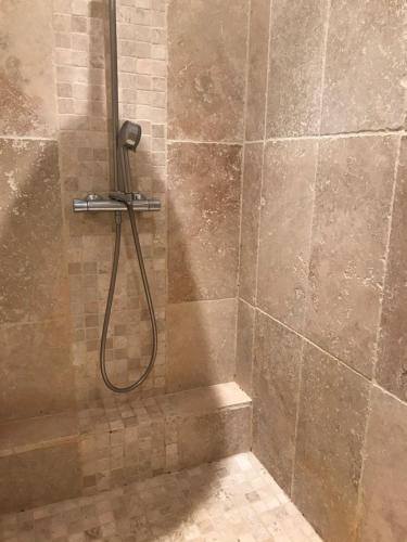 La salle de bains est pourvue d'une douche avec un tuyau. dans l'établissement Mas d'Auzières, à Saint-Gilles