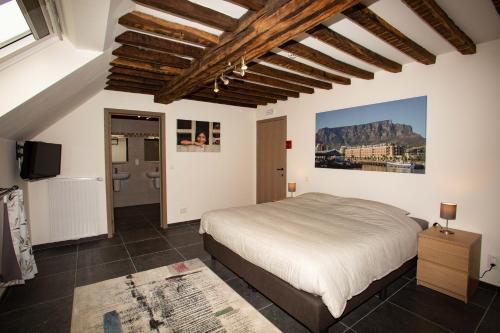 a bedroom with a bed and a tv in a room at B&B Hotel Ferme des Templiers nabij Durbuy, eigen laadpalen in Somme-Leuze