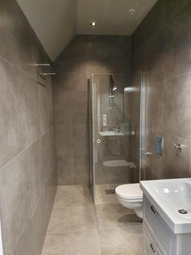 a bathroom with a shower and a toilet and a sink at Nygårdsgaten apartments in Bergen