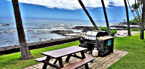 a picnic table and a grill next to the ocean at Ali'i Banyan Breeze in Kailua-Kona