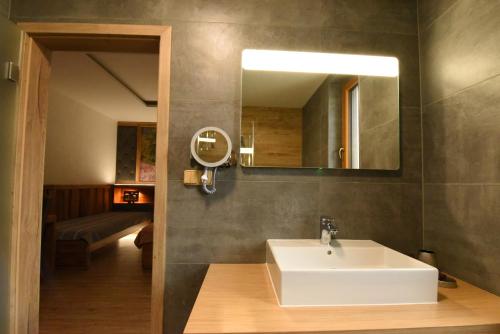 een badkamer met een witte wastafel en een spiegel bij PENZION U MEDVĚDA in Frýdek-Místek