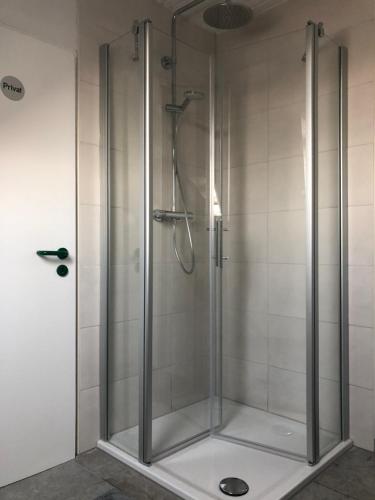 a shower with a glass door in a bathroom at Gästehaus Cremlingen in Cremlingen