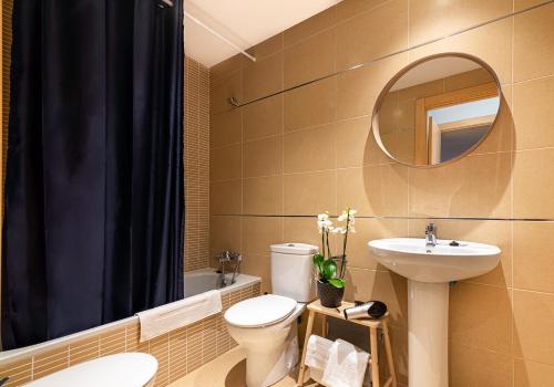 a bathroom with a toilet and a sink and a mirror at Apartamentos Turísticos Rioja y Camino in Huércanos