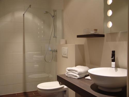 uma casa de banho com um lavatório, um WC e um chuveiro em Hotel Mieke Pap em Poppel