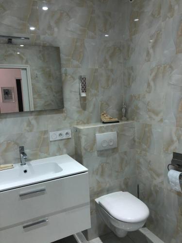 une salle de bain avec un lavabo, des toilettes et un miroir dans l'établissement Résidence climatisée, belle vue, 5min de la plage., à Roquebrune-Cap-Martin