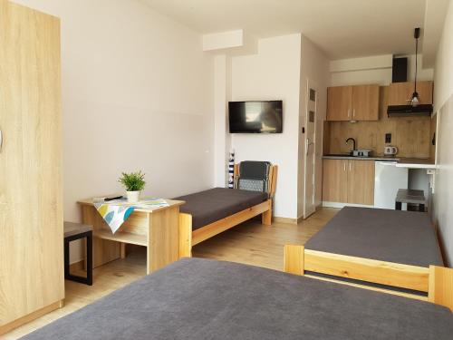 ウェバにあるOśrodek Kolonijno - Wypoczynkowy Aniaのベッド2台とキッチンが備わる小さな客室です。